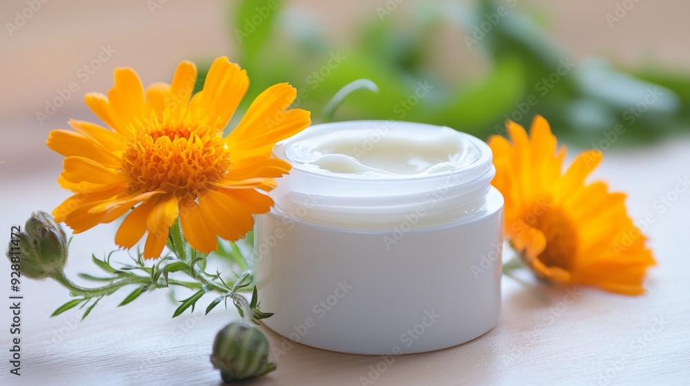 A jar of cream sits on a wooden table next to a bunch of orange flowers A jar of cream sits on a wooden table next to a bunch of orange flowers
