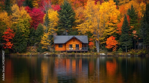 A tranquil lakeside cabin nestled amidst a forest of vibrant autumn foliage, with trees ablaze in hues of red, orange, and gold, reflecting in the calm waters of the lake.