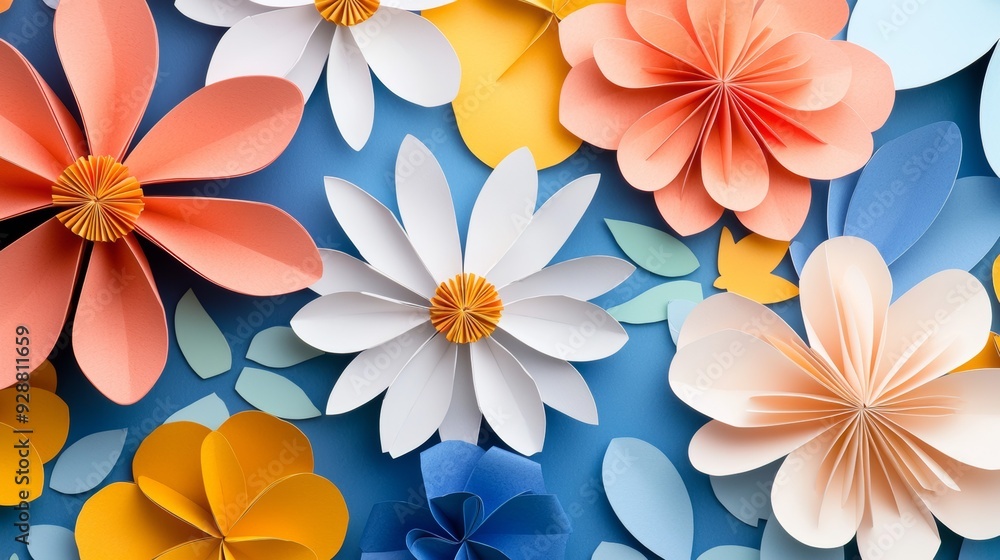 A colorful paper flower arrangement with a blue background A colorful paper flower arrangement with a blue background