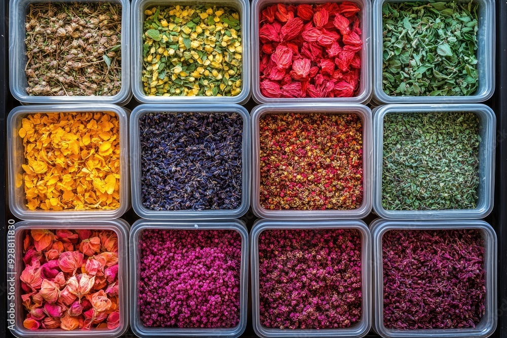 Dried Herbs and Flower Petals in Clear Containers Dried Herbs and Flower Petals in Clear Containers