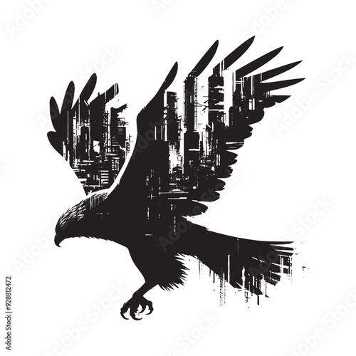 silhouette of Hawk filled with destroyed futuristic dystopia environment in rough drawing