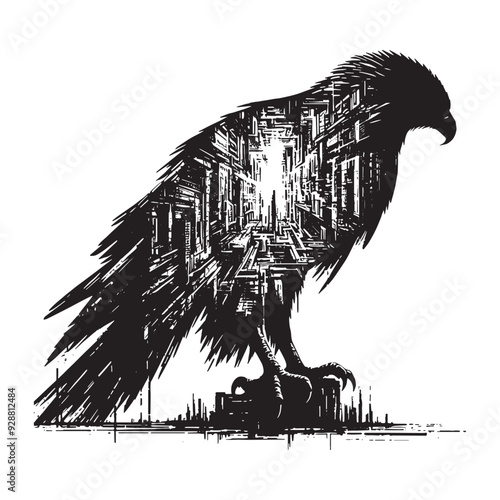 silhouette of Hawk filled with destroyed futuristic dystopia environment in rough drawing