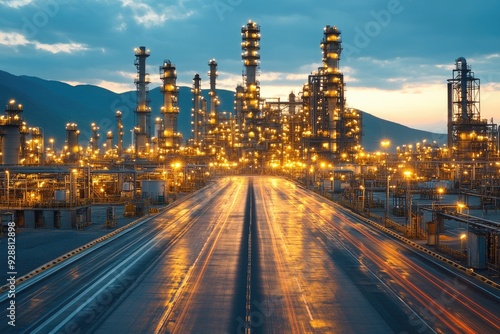 Illuminated Industrial Complex with Highway at Dusk