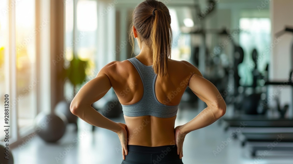 A woman stands confidently in a modern gym, emphasizing her muscular back and fitness dedication, Ideal for fitness, health, motivation, and athletic promotions, A woman stands confidently in a modern gym, emphasizing her muscular back and fitness dedication, Ideal for fitness, health, motivation, and athletic promotions,
