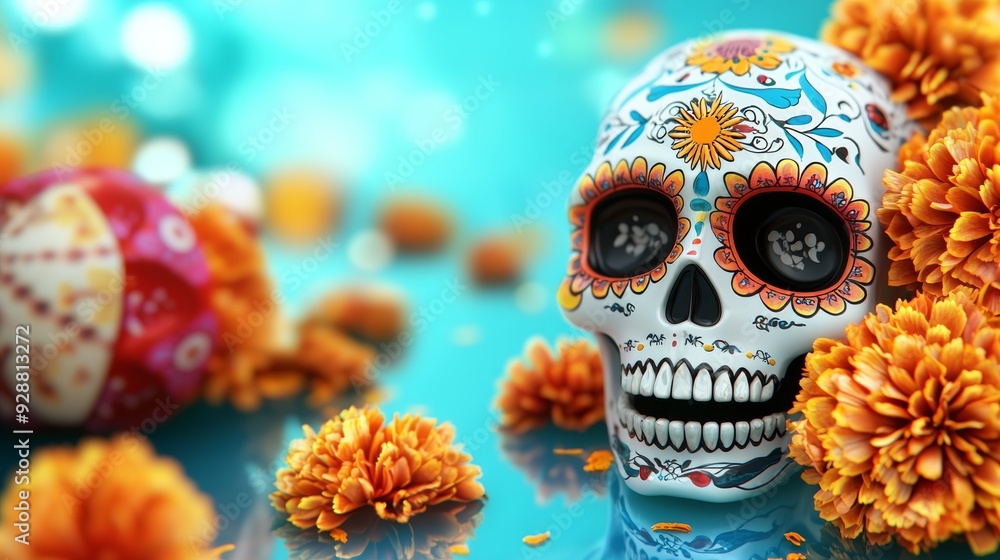 A skull is surrounded by orange flowers and is placed on a blue background A skull is surrounded by orange flowers and is placed on a blue background