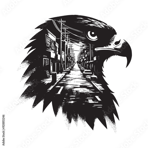 silhouette of Hawk filled with ghetto street in rough drawing