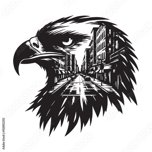 silhouette of Hawk filled with ghetto street in rough drawing