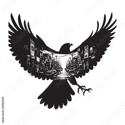 silhouette of Hawk filled with ghetto street in rough drawing