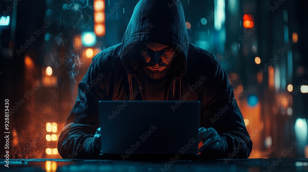 A hooded figure intently works on a laptop in a dimly lit, urban environment, evoking themes of cybersecurity, hacking, and digital anonymity, Suitable for illustrating cyber threats, technology A hooded figure intently works on a laptop in a dimly lit, urban environment, evoking themes of cybersecurity, hacking, and digital anonymity, Suitable for illustrating cyber threats, technology