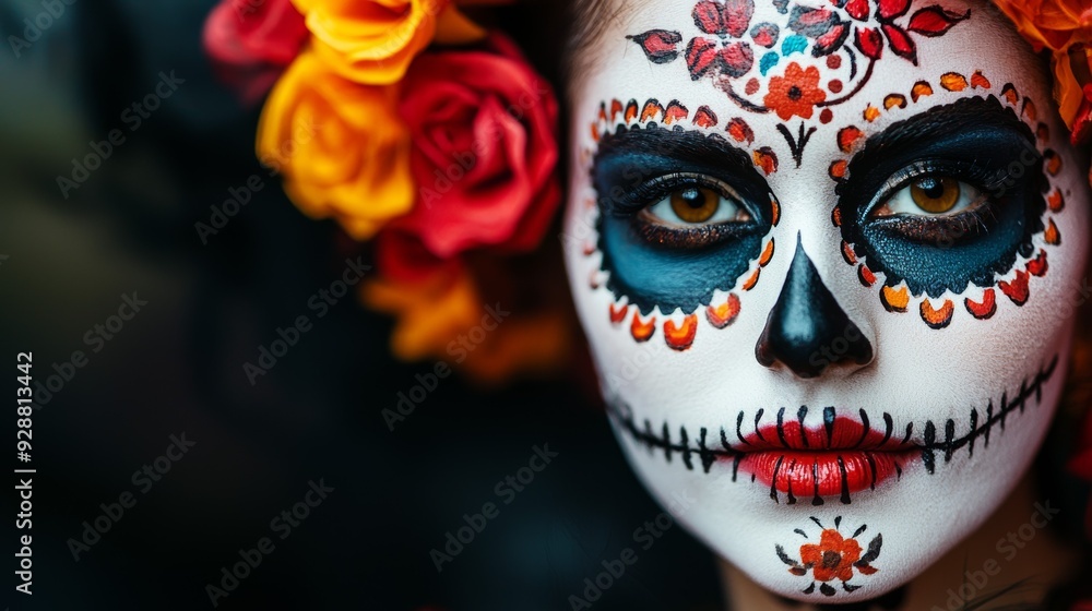 A woman with a face painted in a skeleton design and red roses on her head A woman with a face painted in a skeleton design and red roses on her head