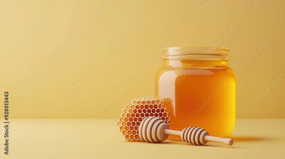 Organic honey jar, with honeycomb and dipper, 3D illustration Organic honey jar, with honeycomb and dipper, 3D illustration