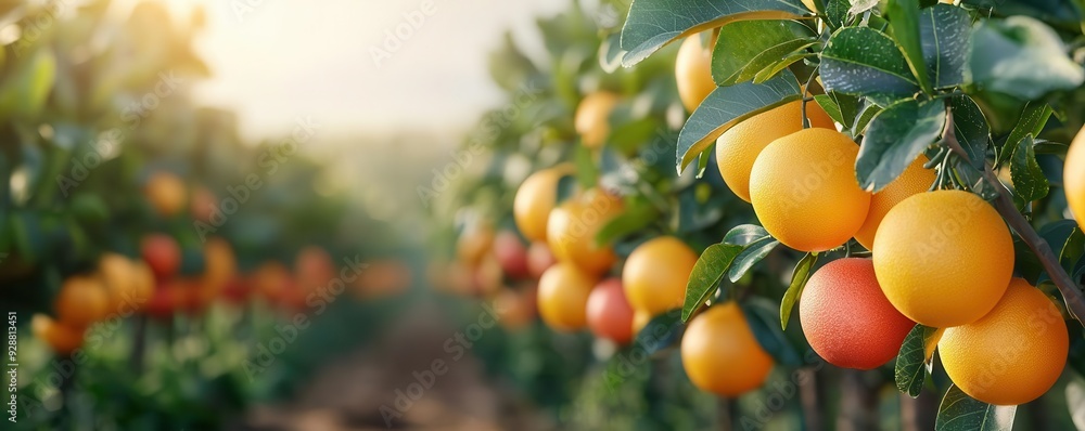 Organic orchard, trees full of various fruits, 3D illustration Organic orchard, trees full of various fruits, 3D illustration