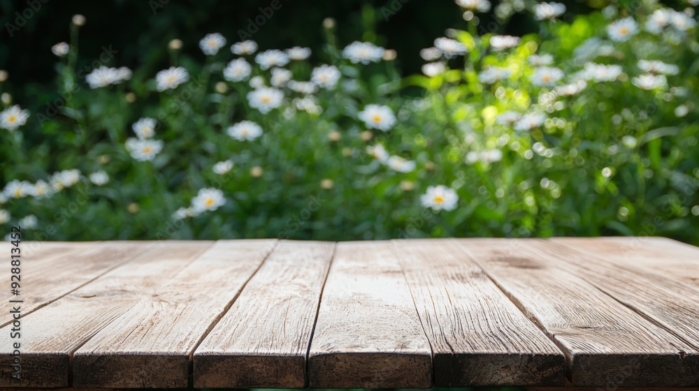 A wooden table with a view of a field of white flowers A wooden table with a view of a field of white flowers