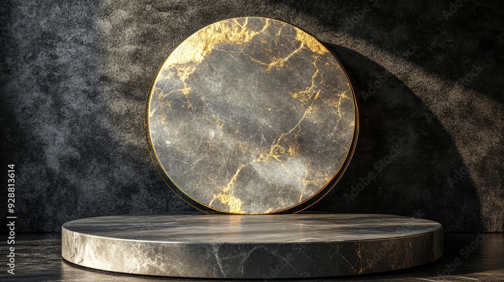 Fototapeta premium A luxurious marble pedestal with a large, textured circular backdrop, highlighted by ambient lighting, perfect for showcasing luxury products, art pieces