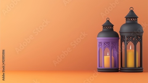 Elegant lanterns with lit candles against an orange background for festive and decorative purposes. photo