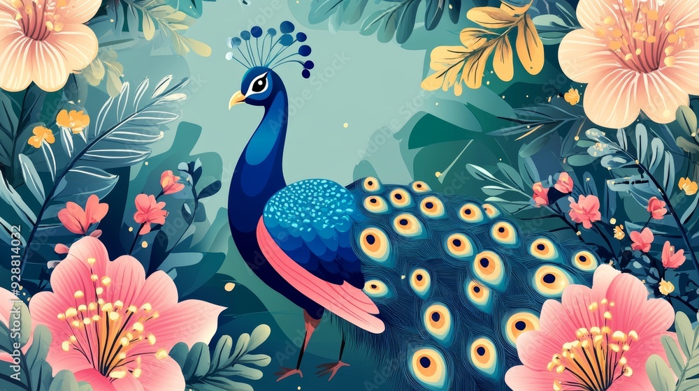 Beautiful peacock gracefully displayed on elaborate floral background illustration Beautiful peacock gracefully displayed on elaborate floral background illustration