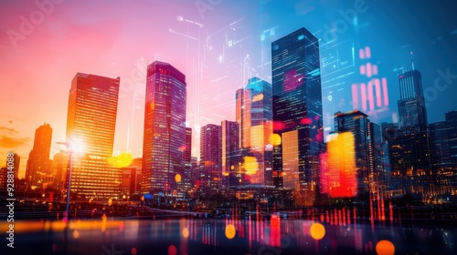 Commercial real estate growth, close-up, focus on skyscrapers, vivid tones, Double exposure silhouette with business icons