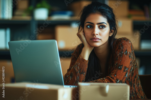 Thoughtful woman sitting in front of a laptop surrounded by cardboard boxes. Remote work and e-commerce business concept