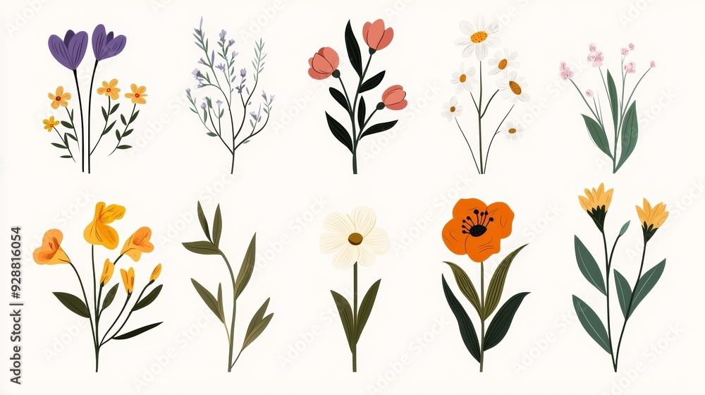 A set of colorful flowers with different shapes and sizes A set of colorful flowers with different shapes and sizes