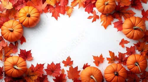 autumn border composition, vibrant orange pumpkins, red and orange maple leaves, white background, copy space for text, flat lay design, fall harvest theme.