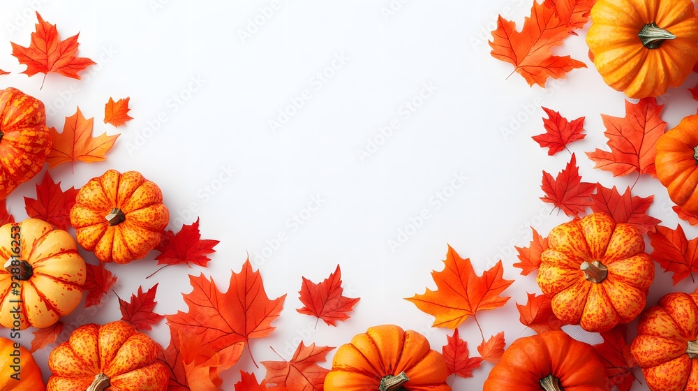 Fototapeta premium autumn border composition, vibrant orange pumpkins, red and orange maple leaves, white background, copy space for text, flat lay design, fall harvest theme.