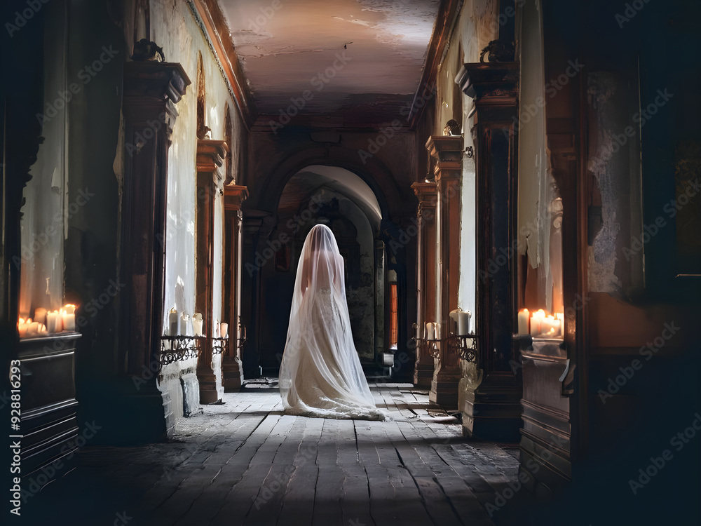 Ghostly bride in decaying mansion hallway Ghostly bride in decaying mansion hallway