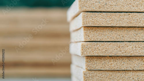 Close-up of stacked fiberboard sheets, offering a detailed view of the texture and layers, ideal for construction and woodworking projects.