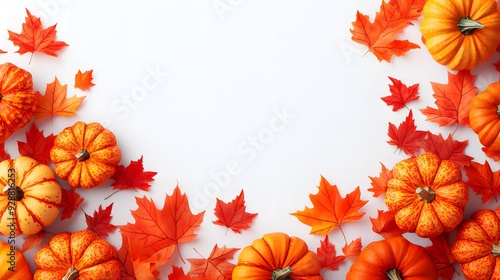 autumn border composition, vibrant orange pumpkins, red and orange maple leaves, white background, copy space for text, flat lay design, fall harvest theme.