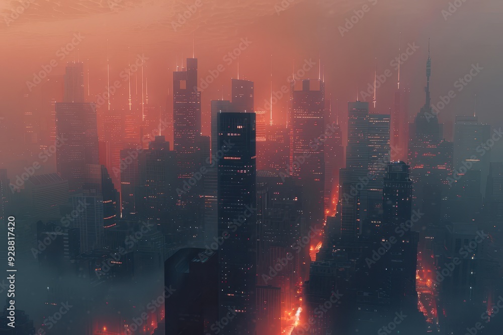 A Cityscape with Tall Buildings and a Red Glow at Sunset A Cityscape with Tall Buildings and a Red Glow at Sunset