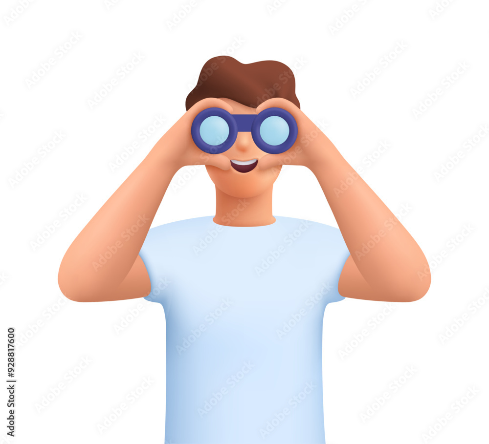 Young smiling man looking through binoculars. Searching for a job, opportunities, new business ideas. Research, web surfing.3d vector people character. Cartoon minimal style. Young smiling man looking through binoculars. Searching for a job, opportunities, new business ideas. Research, web surfing.3d vector people character. Cartoon minimal style.
