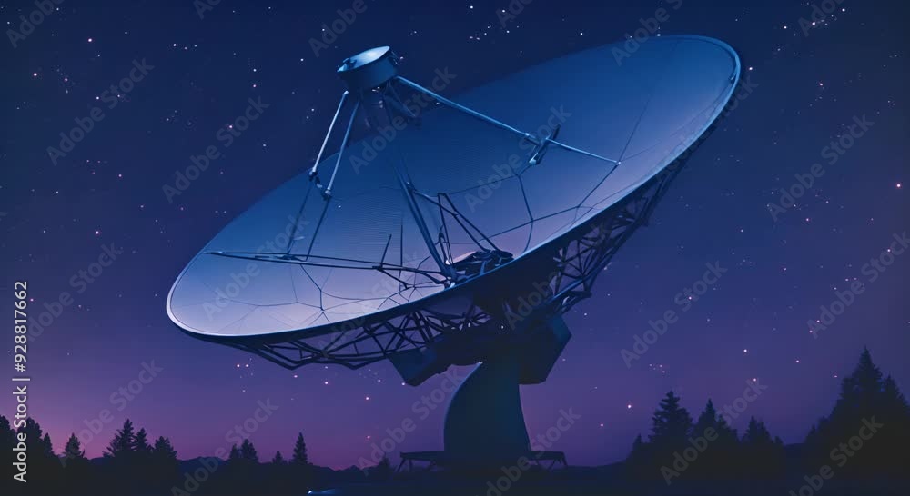 Satellite dish scanning the starry sky at dusk technology meets nature 4k animation Satellite dish scanning the starry sky at dusk technology meets nature 4k animation