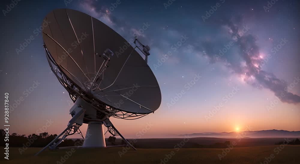 Satellite dish scanning the starry sky at dusk technology meets nature 4k animation Satellite dish scanning the starry sky at dusk technology meets nature 4k animation