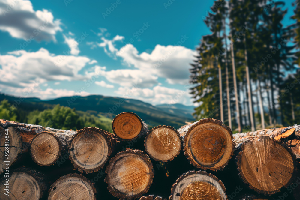 Stack of freshly cut logs with a pine forest and mountains in the background under a blue sky. Concepts of forestry, natural resources, and sustainable logging practices. Stack of freshly cut logs with a pine forest and mountains in the background under a blue sky. Concepts of forestry, natural resources, and sustainable logging practices.