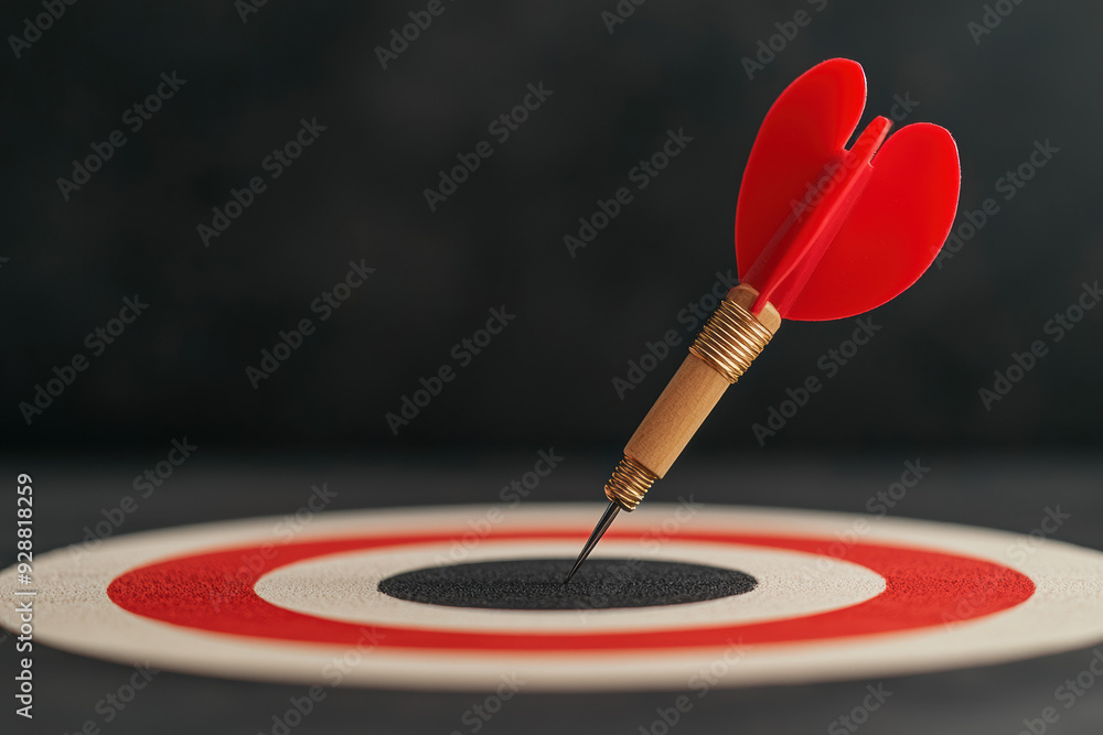 Fototapeta premium Close-up of a red dart hitting the bullseye on a dartboard, symbolizing accuracy, focus, and success in achieving goals.