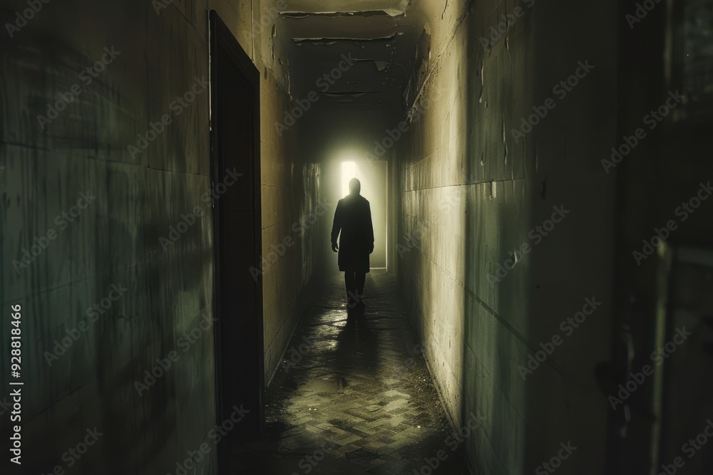 Silhouette of a Person Walking Toward a Light at the End of a Dark Hallway Silhouette of a Person Walking Toward a Light at the End of a Dark Hallway