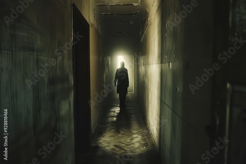 Silhouette of a Person Walking Toward a Light at the End of a Dark Hallway