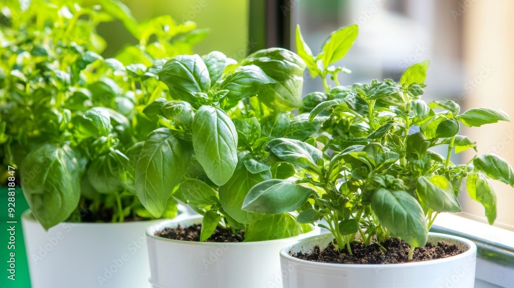 Three potted plants with green leaves sit on a windowsill Three potted plants with green leaves sit on a windowsill