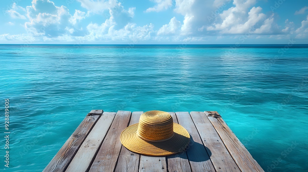 Obraz premium bright summer beach scene, wooden dock or pier, straw fedora hat on wooden planks, vibrant blue sky, crystal clear turquoise ocean, fluffy white clouds.