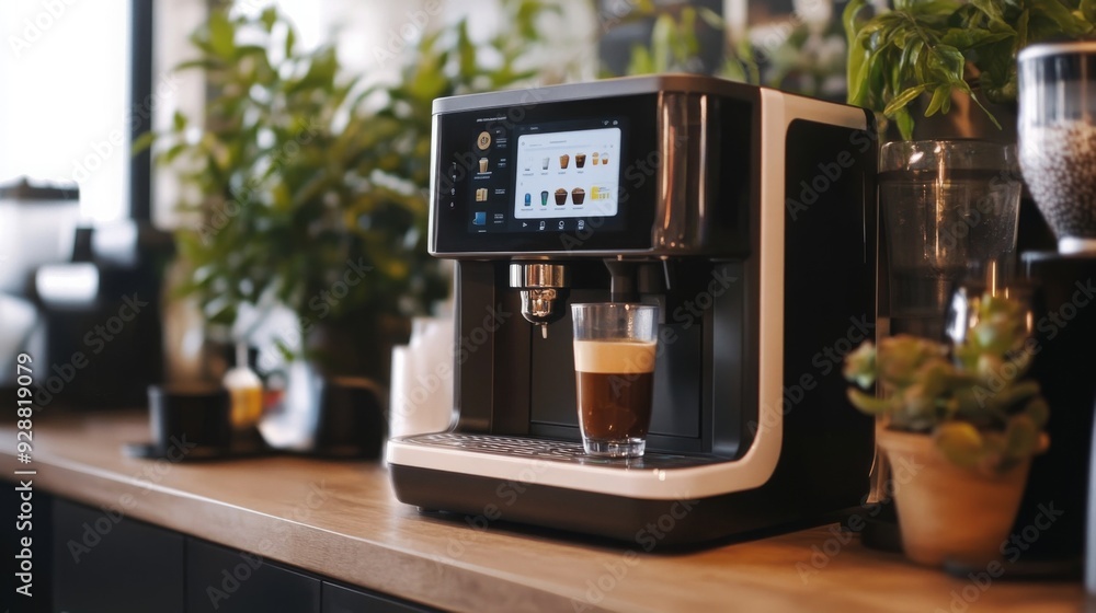 A sleek coffee machine prepares a rich espresso drink at a stylish counter, surrounded by greenery and cozy decor. A sleek coffee machine prepares a rich espresso drink at a stylish counter, surrounded by greenery and cozy decor.