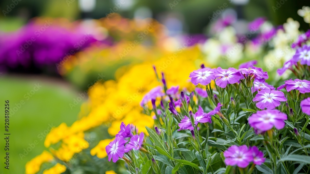 A garden with a variety of flowers including purple and yellow A garden with a variety of flowers including purple and yellow
