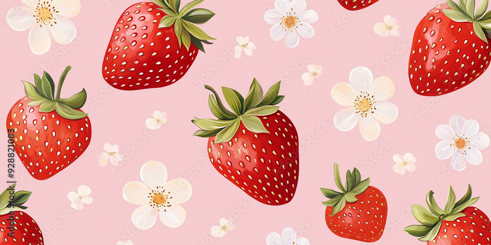 Charming Hand-Drawn Pattern of Fresh Strawberries and Blossoms on a Soft Pink Background, Perfect for Summer-Themed Designs, Fabrics, and Playful Decor Charming Hand-Drawn Pattern of Fresh Strawberries and Blossoms on a Soft Pink Background, Perfect for Summer-Themed Designs, Fabrics, and Playful Decor