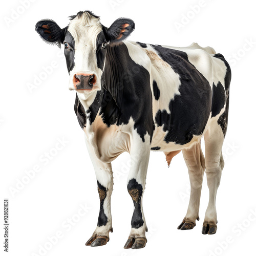 A beautiful black and white dairy cow standing gracefully, isolated on white background, transparent background