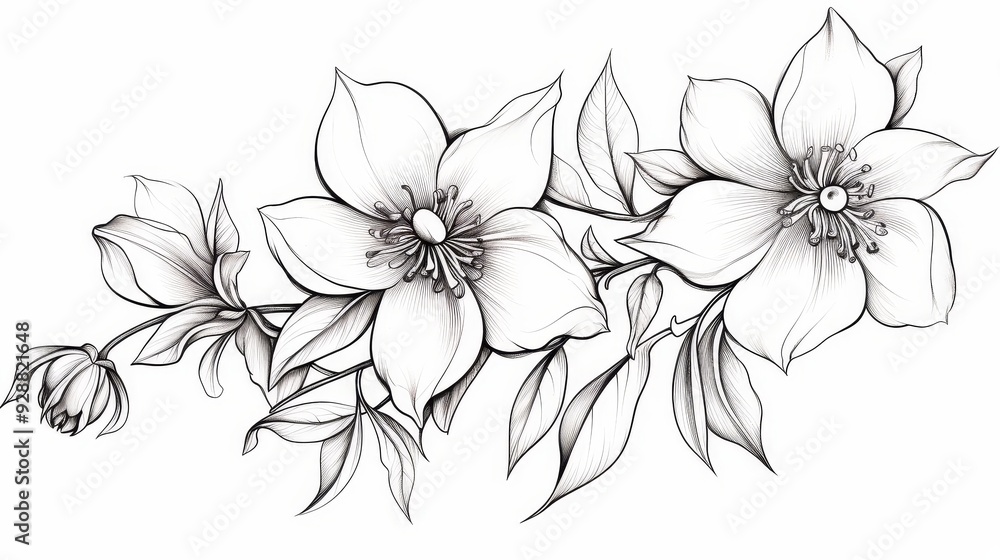 Intricate Columbine Tattoo Outline on White Intricate Columbine Tattoo Outline on White