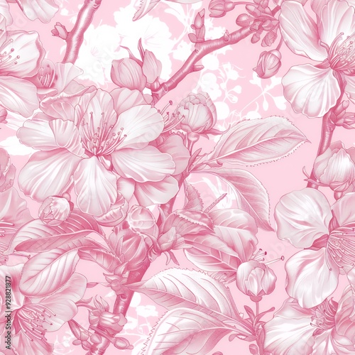 Delicate pink flower seamless pattern with leaves and branches.