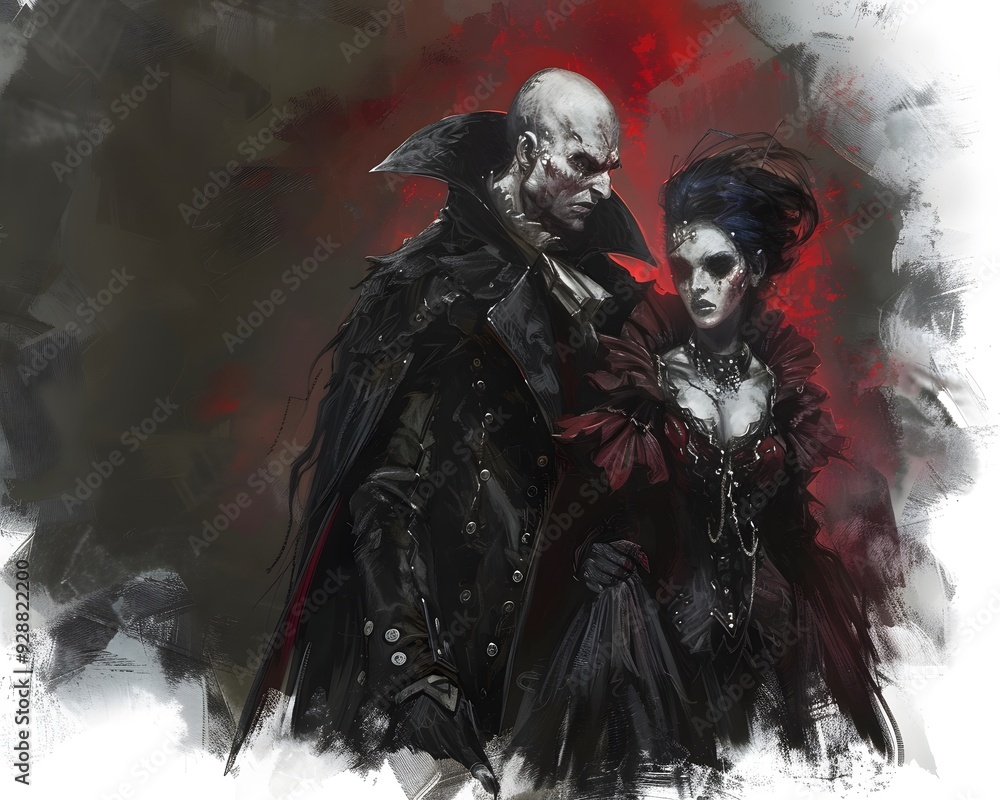 Fototapeta premium Dark fantasy art depicting an eerie couple dressed in gothic attire with intense expressions, set against a haunting, red-tinted background.