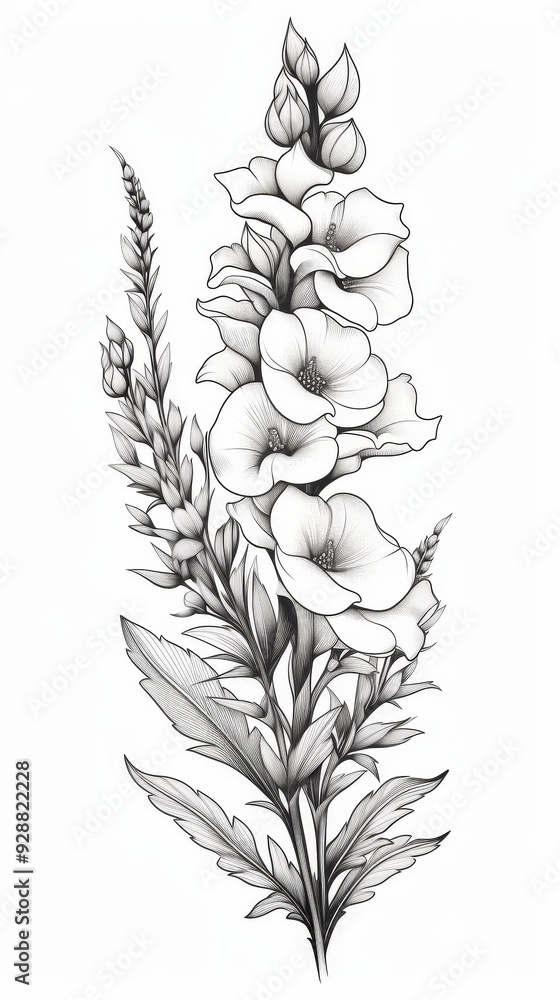 Floral Tattoo Line Art Isolated on White Floral Tattoo Line Art Isolated on White