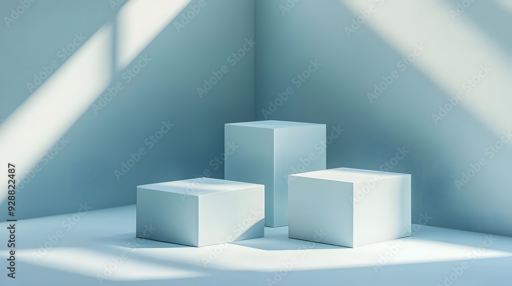Minimalist geometric composition, three cubic podiums, varying sizes, soft ambient lighting, clean sharp shadows, monochromatic pale blue color scheme. Minimalist geometric composition, three cubic podiums, varying sizes, soft ambient lighting, clean sharp shadows, monochromatic pale blue color scheme.