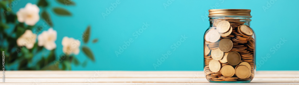 Glass jar filled with coins on a table with flowers and a turquoise background. Savings, finance, investment, and economic growth concept. Glass jar filled with coins on a table with flowers and a turquoise background. Savings, finance, investment, and economic growth concept.