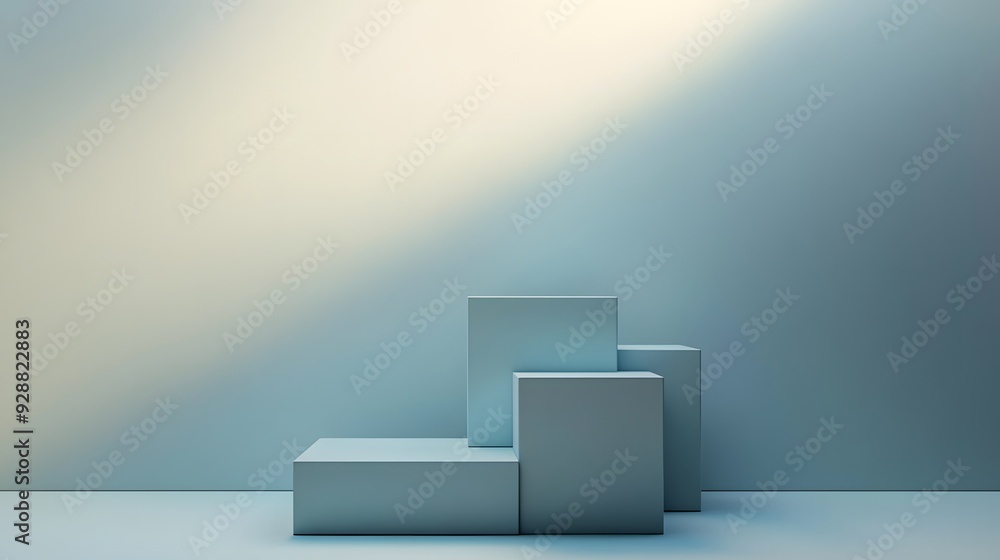 Minimalist geometric composition, three cubic podiums, varying sizes, soft ambient lighting, clean sharp shadows, monochromatic pale blue color scheme. Minimalist geometric composition, three cubic podiums, varying sizes, soft ambient lighting, clean sharp shadows, monochromatic pale blue color scheme.