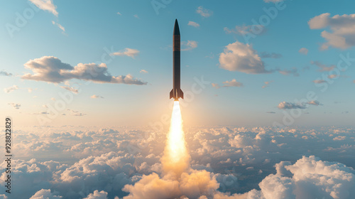 A rocket launching into the sky with a bright exhaust plume, ascending through the clouds against a serene blue sky at dawn.